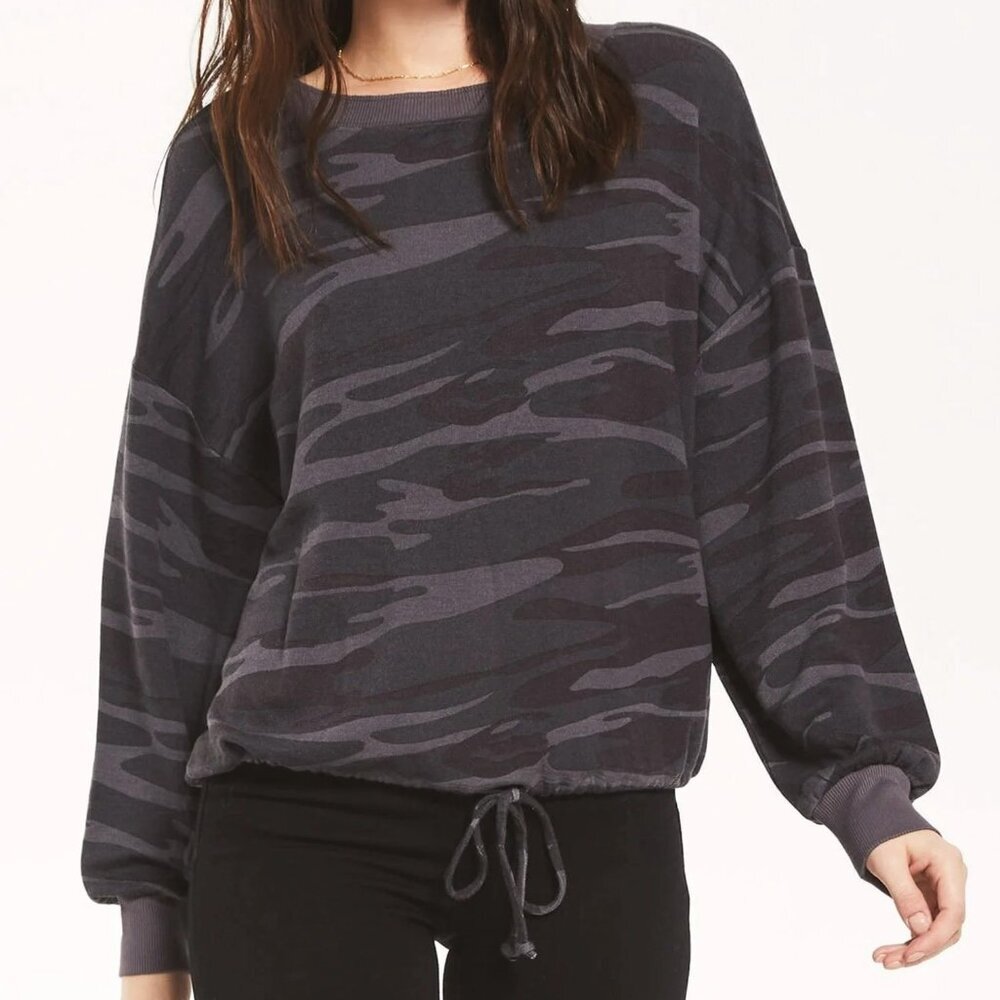 Z Supply Sayed Camo Crew Oversized Sweatshirt Gray Black Size Large